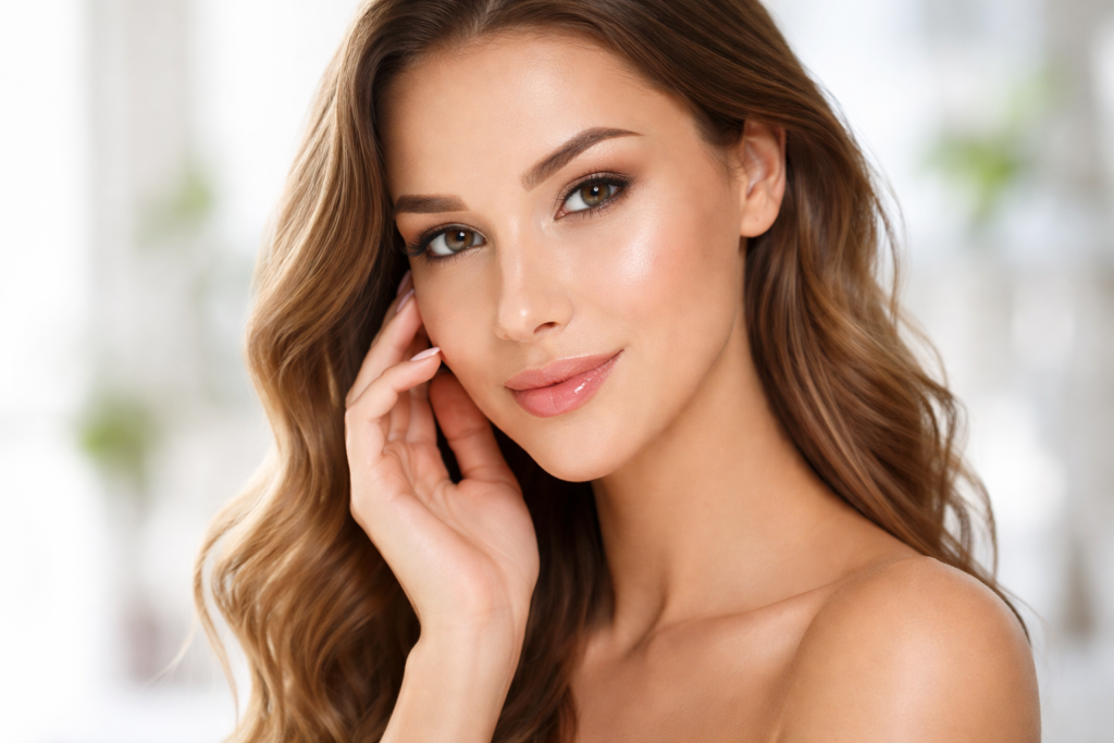 Veja uma mulher exibindo o seu rosto depois de passar a melhor base para pele oleosa.