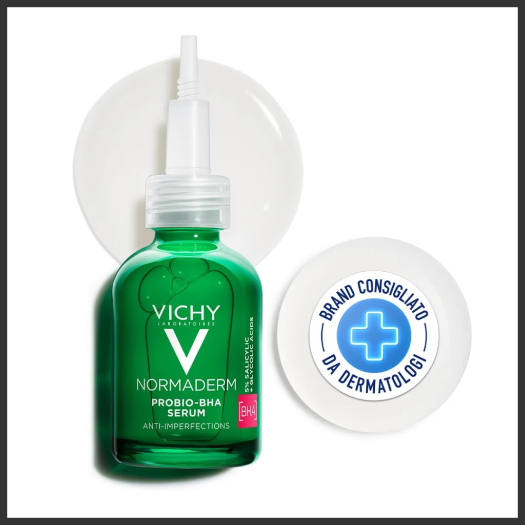 Frasco do Vichy Normaderm Antiacne Double Correction Sérum e textura do sérum