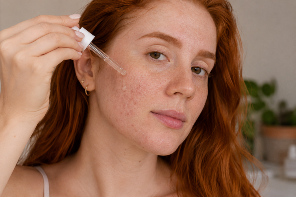 Mulher ruiva usando sérum facial em pele com poros aparentes e pequenas marcas de acne.