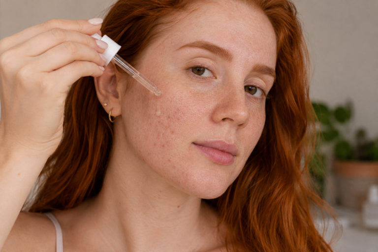 Mulher ruiva usando sérum facial em pele com poros aparentes e pequenas marcas de acne.
