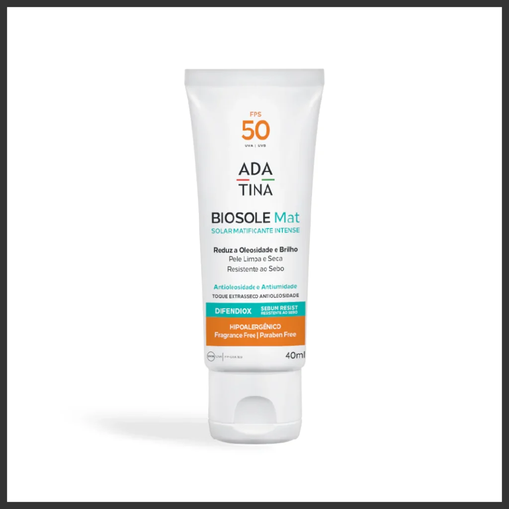 frasco Biosole Mat FPS 50 considerado o melhor protetor solar Ada Tina para pele oleosa no geral