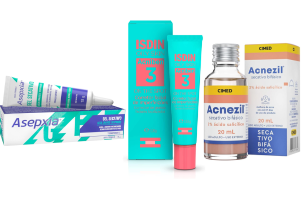 melhor gel secativo com ácido salicílico para espinhas: opções ISDIN, Acnezil e Asepxia lado a lado