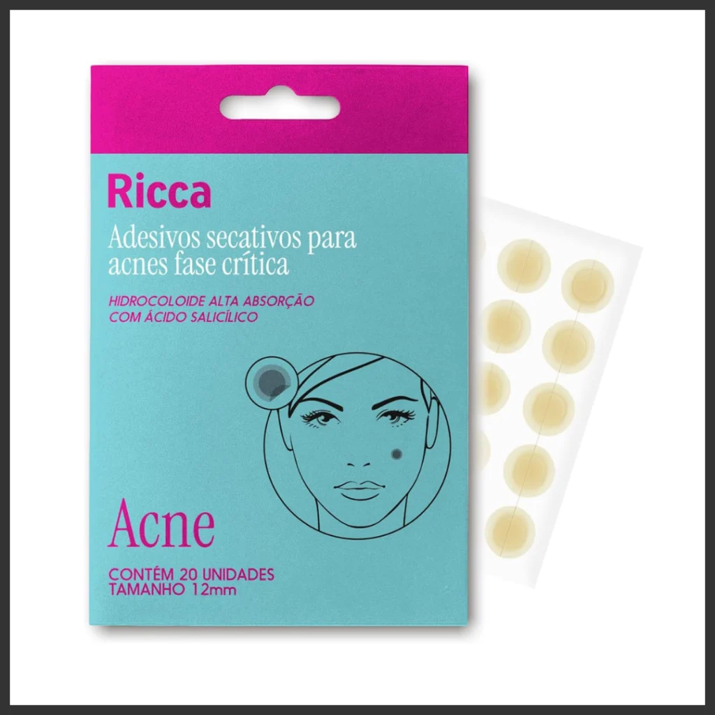 embalagem Adesivo Secativo Ricca, opção para emergência e maquiagem sobre a espinha.