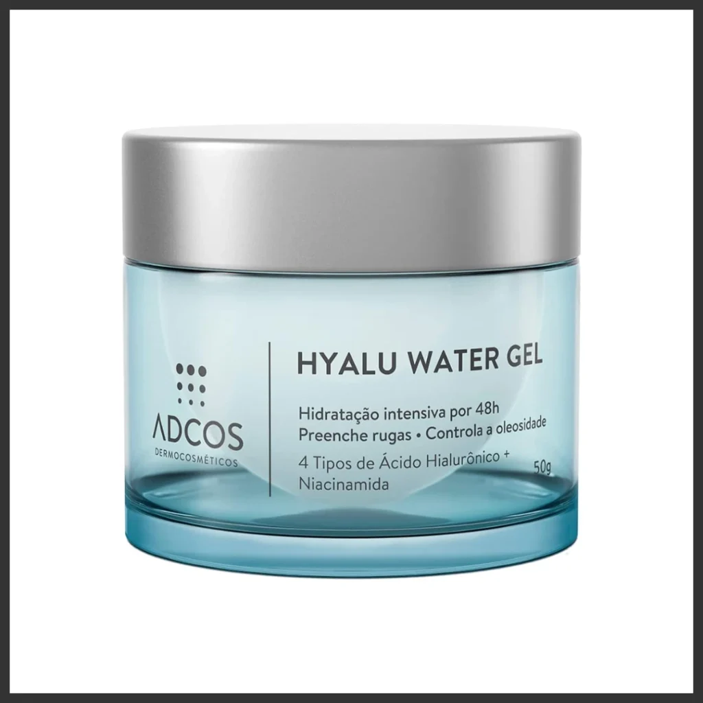 frasco Adcos Hyalu Water Gel, hidratante em gel para pele oleosa com poros dilatados.