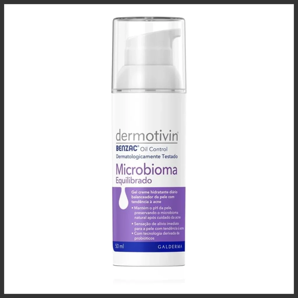 frasco Dermotivin Benzac Oil Control, hidratante em gel matificante para usar antes da maquiagem.