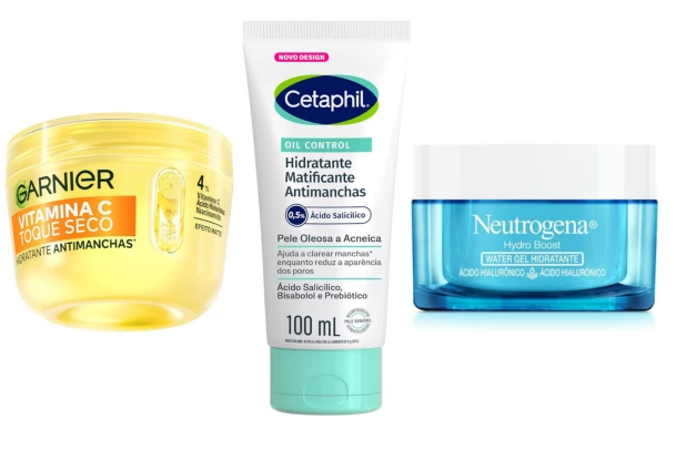 Melhor hidratante em gel para pele oleosa: opções Neutrogena, Cetaphil e Adcos lado a lado.